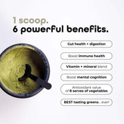 Top view of an open container of Vitality Switch Greens Powder with a scoop resting inside. Text states '1 scoop. 6 powerful benefits.' listing benefits such as gut health, immune support, and mental cognition.