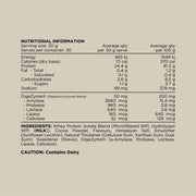Nutritional label for Whey Protein Isolate showing energy, protein, fat, carbohydrate content, and a breakdown of digestive enzymes like Amylase and Protease. The label lists ingredients such as cocoa powder, flavours, and sweetener Stevia, with a caution note that it contains dairy