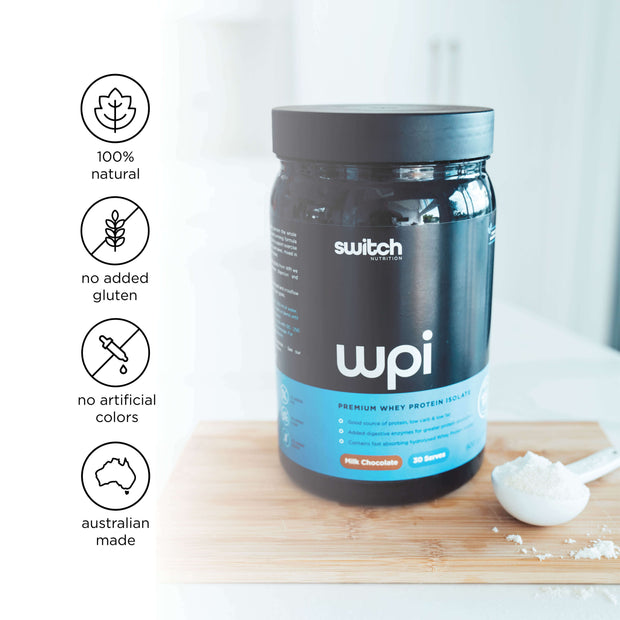 JAr of Switch Nutrition WPI Protein. Highlighting several benefits of 100% natural, no added gluten, no artificial colours and Australian Made.