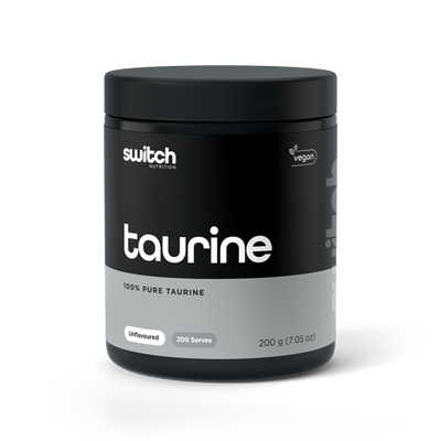 Container of Switch Nutrition's vegan Taurine supplement, stating 100% pure taurine with 200 servings in a 200g jar, unflavored, highlighting dietary inclusivity and purity.
