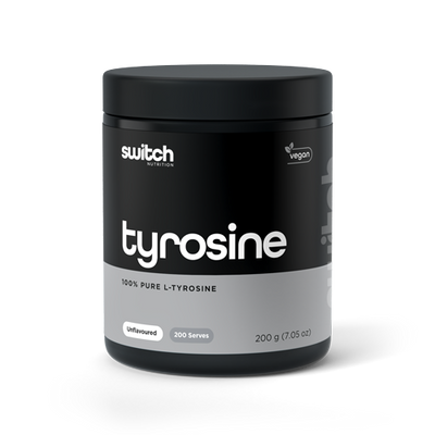 Close-up of a Switch Nutrition supplement container labeled 'tyrosine' with the text '100% Pure L-Tyrosine,' marked as vegan, unflavored, offering 200 servings in a 200g package.