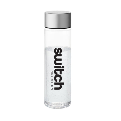 Transparent water bottle with a sleek design, featuring the Switch Nutrition logo. The bottle has a stainless steel cap, indicating a durable and stylish choice for hydration on-the-go.