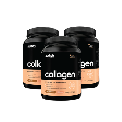 Three black jars of Switch Nutrition brand collagen supplements are displayed against a transparent background. The jars are staggered, with one in the front and the others slightly behind on each side. They are labeled 'collagen' in large white letters with additional text stating 'Hydrolysed Collagen Protein.'