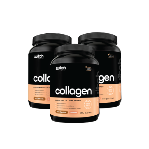 Three black jars of Switch Nutrition brand collagen supplements are displayed against a transparent background. The jars are staggered, with one in the front and the others slightly behind on each side. They are labeled &