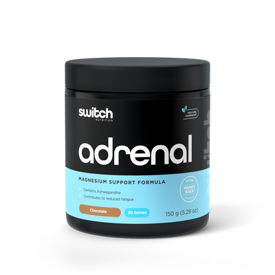 A product label for 'adrenal magnesium support formula' from Switch Nutrition, with highlights including 'contains Ashwagandha,' 'contributes to reduced fatigue,' and a '30 day money back guarantee' badge, in chocolate flavor with 30 servings, 150 grams