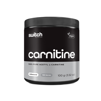 A Switch Nutrition vegan supplement with 100% Pure Acetyl L-Carnitine, unflavored. Contains 100 serves, 100g. Simple black and white packaging.