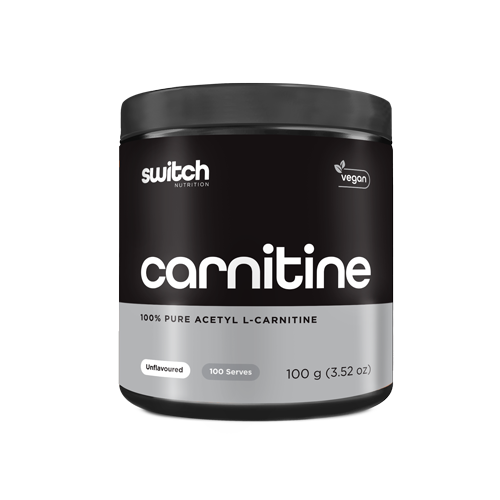 A Switch Nutrition vegan supplement with 100% Pure Acetyl L-Carnitine, unflavored. Contains 100 serves, 100g. Simple black and white packaging.