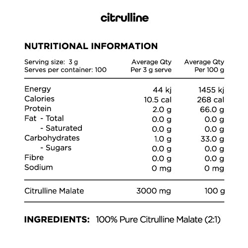 Image of a nutrition information panel for citrulline malate powder. 
