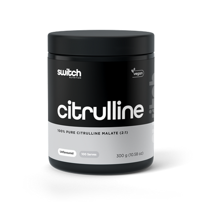 A container of Switch Nutrition Citrulline, a dietary supplement that is 100% pure Citrulline Malate in a 2:1 ratio, unflavoured, offering 100 servings in a 300g container. The label also indicates the product is vegan.