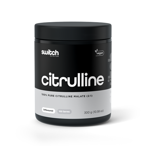 A container of Switch Nutrition Citrulline, a dietary supplement that is 100% pure Citrulline Malate in a 2:1 ratio, unflavoured, offering 100 servings in a 300g container. The label also indicates the product is vegan.