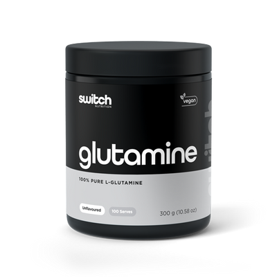 Container of Switch Nutrition Glutamine, 100% pure L-Glutamine, vegan, unflavoured with 100 serves, designed to support muscle recovery and gut health.