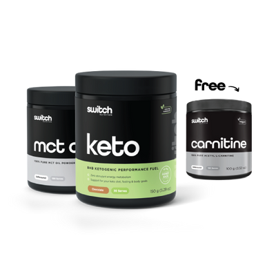 Collection of Switch Nutrition supplements including MCT Oil Powder, Keto Performance Fuel, and Carnitine, positioned with a 'free' label on Carnitine, highlighting the keto-supportive product range.