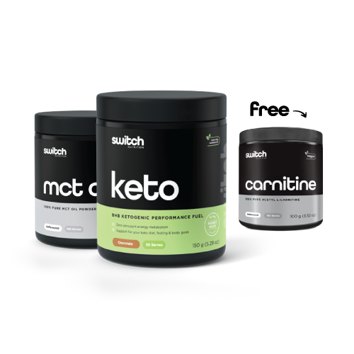 Collection of Switch Nutrition supplements including MCT Oil Powder, Keto Performance Fuel, and Carnitine, positioned with a &