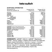 Nutritional information for Switch Nutrition's Keto Switch, detailing energy, protein, goBHB salts, MCT Oil Powder, essential vitamins, and amino acids.