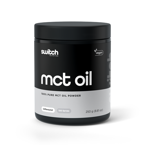 Image displaying a container of Switch Nutrition MCT Oil, a 100% pure MCT oil powder. The product is vegan and unflavoured, offering 100 servings in a 250g container. The design features a black background with white and grey text.