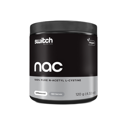 Container of Switch Nutrition 'nac' with the inscription '100% Pure N-Acetyl L-Cystine', vegan-certified, unflavored, providing 150 servings in a 120g package