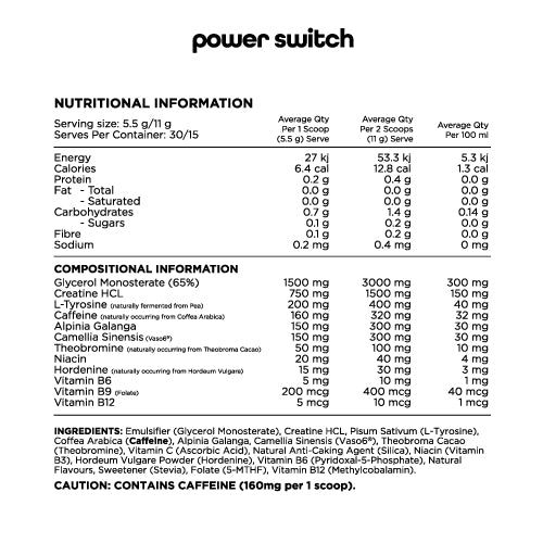 Nutrition information panel for Power Switch pre workout by switch nutrition. 30 servings and contains 160mg of caffeine per serve.