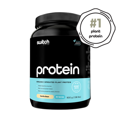 Black container of Switch Nutrition Protein labeled 'Organic Sprouted Plant Protein' in Vanilla Bean flavor with a '90-day money back guarantee' and '#1 plant protein' badge, containing 30 servings at 900g.
