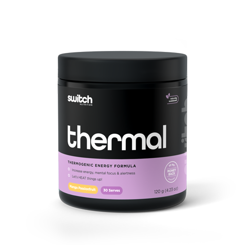 A jar of Switch Nutrition "thermal" thermogenic energy formula supplement against a transparent background. The jar is black with a gradient of purple to pink on the label, indicating a Mango Passionfruit flavor. It&