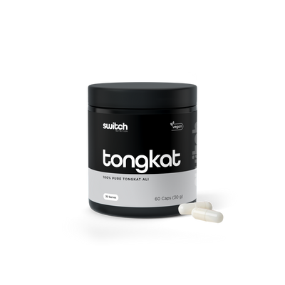 Container of Switch Nutrition 'tongkat' with '100% Pure Tongkat Ali' highlighted, vegan logo displayed, containing 60 capsules for 30 servings.